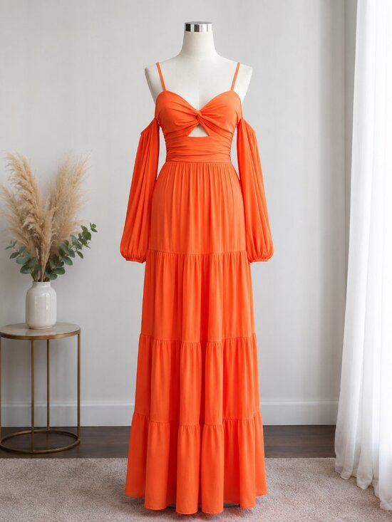 Dresses & Skirts - Orange Cutout Tiered Maxi Dress | Off Shoulder Long Sleeve | Flowy Boho Formal